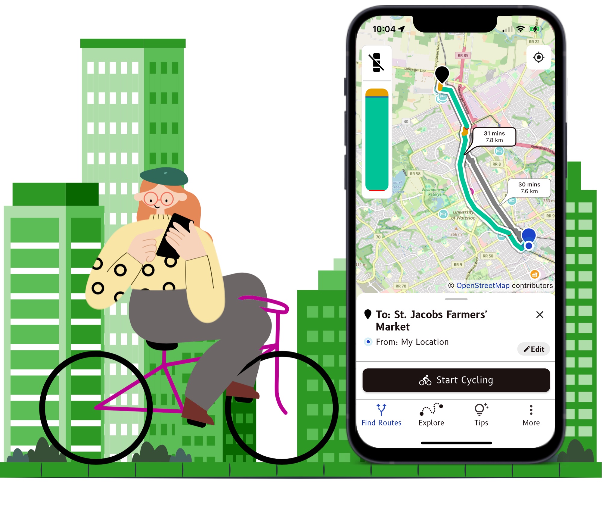 An illustration of a person on a bicycle looking at their phone. In the background there are tall buildings. To their right there is an overlay of a large phone screen showing a map with a route trace on it.